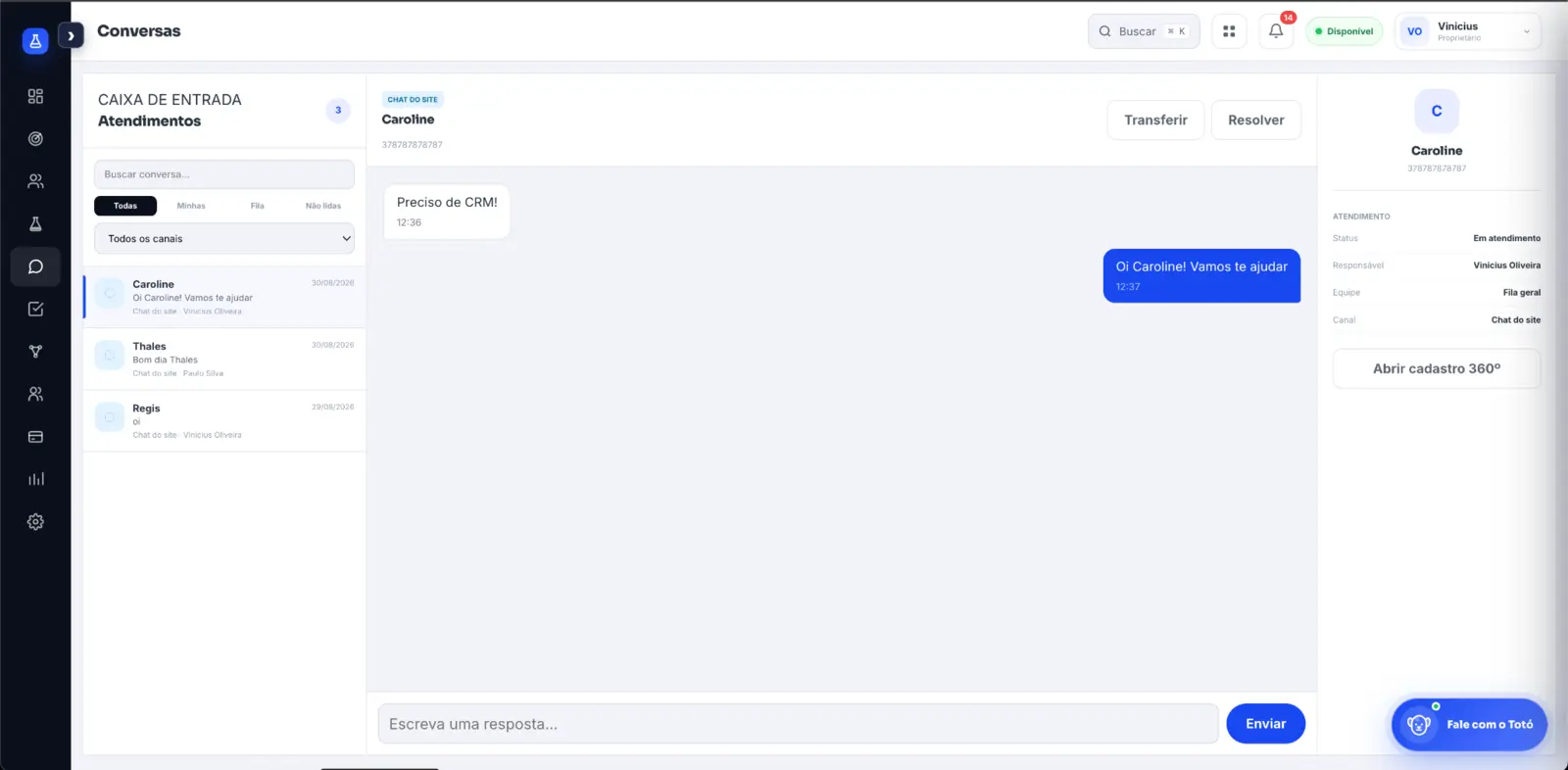 Central de conversas real do Goolab CRM com atendimento e histórico do contato
