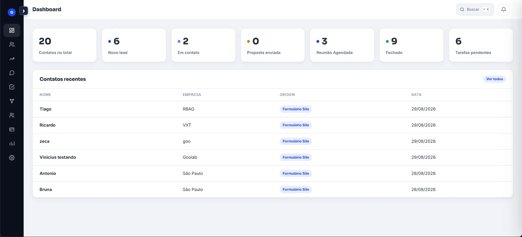 Dashboard do Goolab CRM com indicadores comerciais e contatos recentes