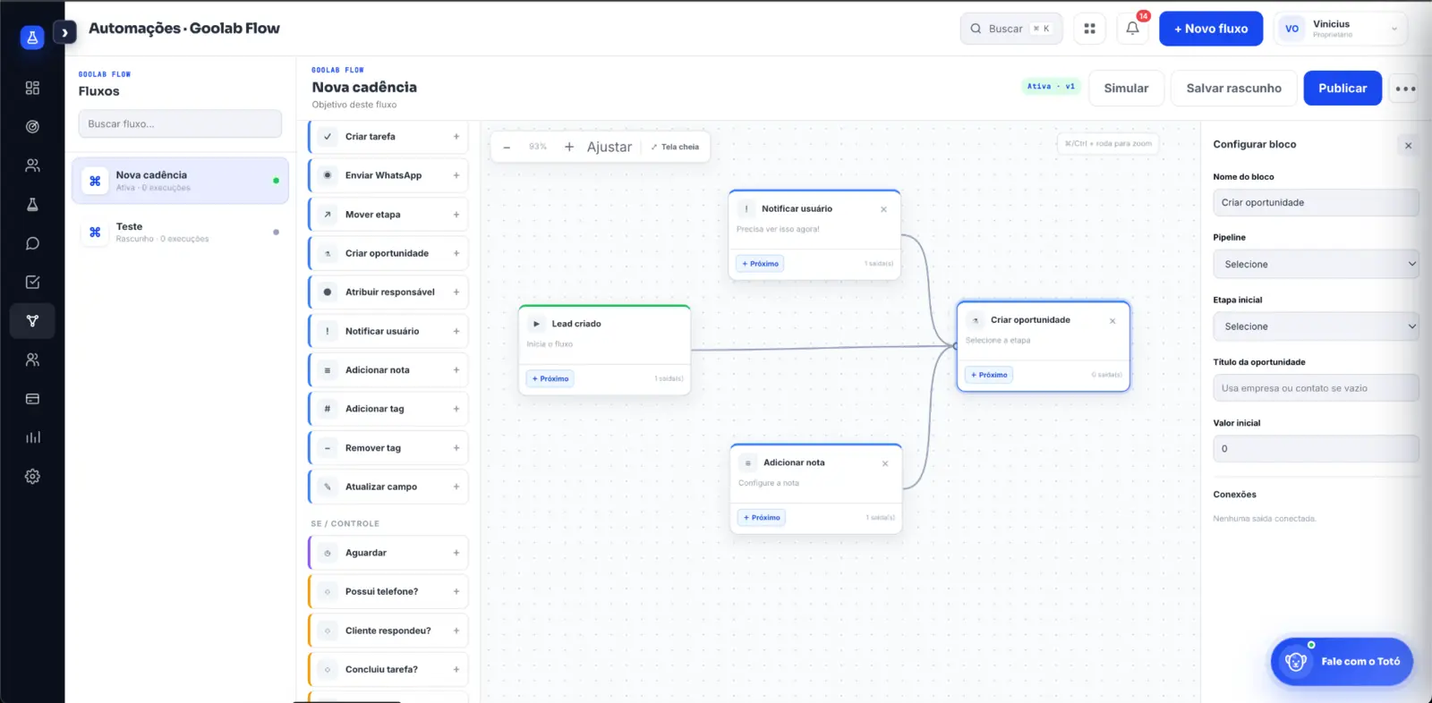 Editor real do Goolab Flow com gatilhos, condições e ações conectadas