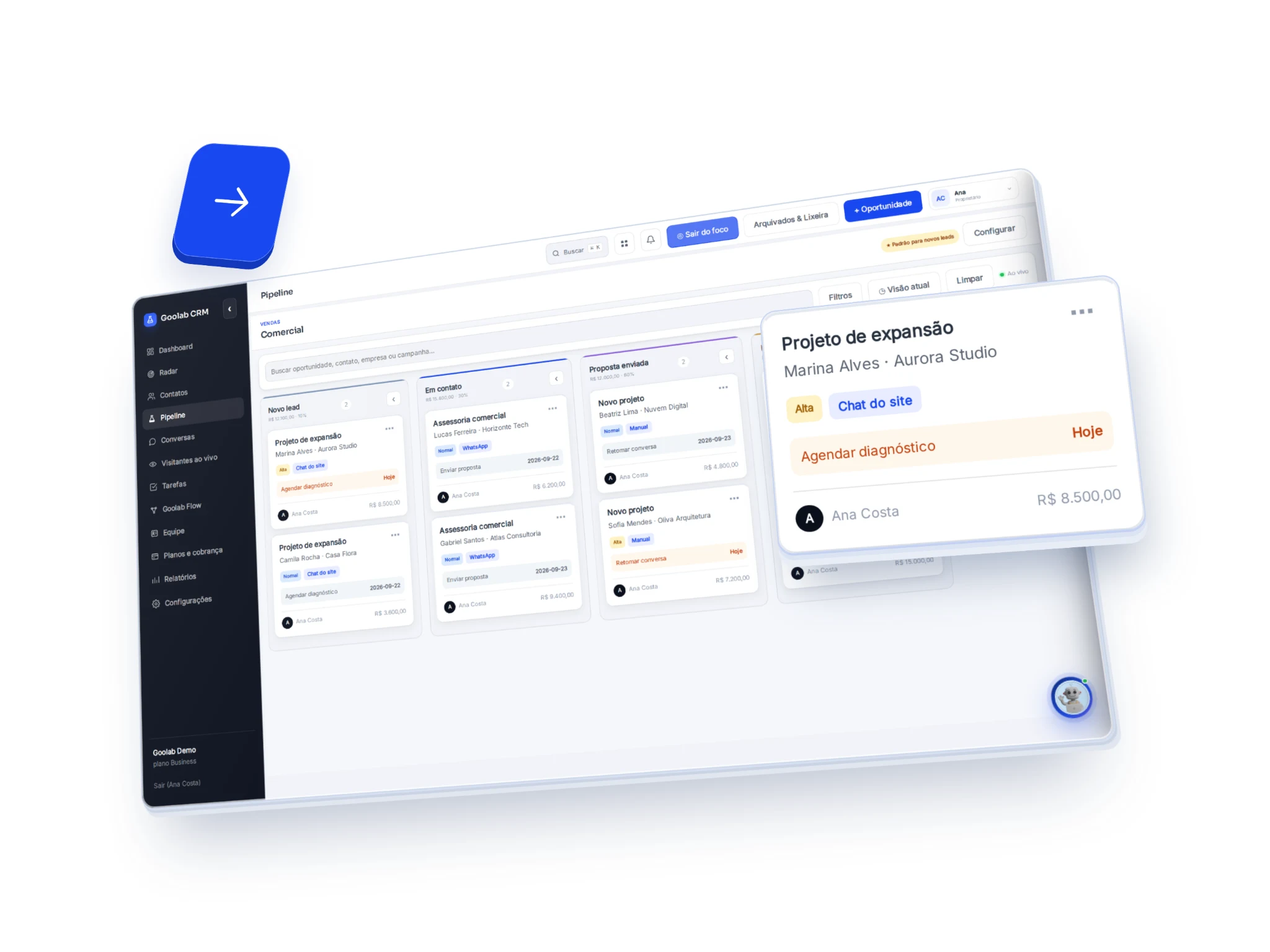 Pipeline do Goolab CRM com oportunidade comercial em destaque