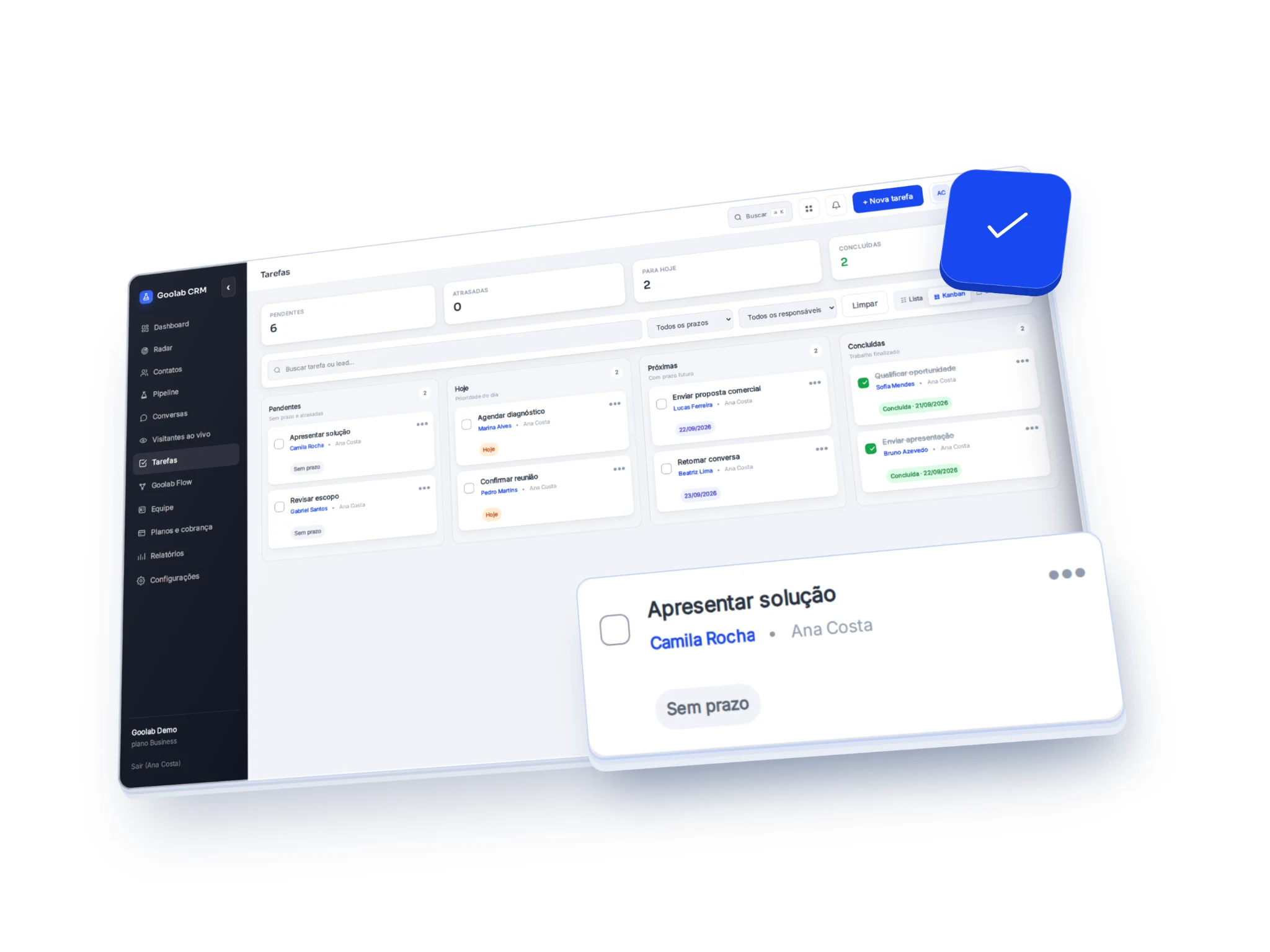 Quadro de tarefas do Goolab CRM com atividade comercial em destaque