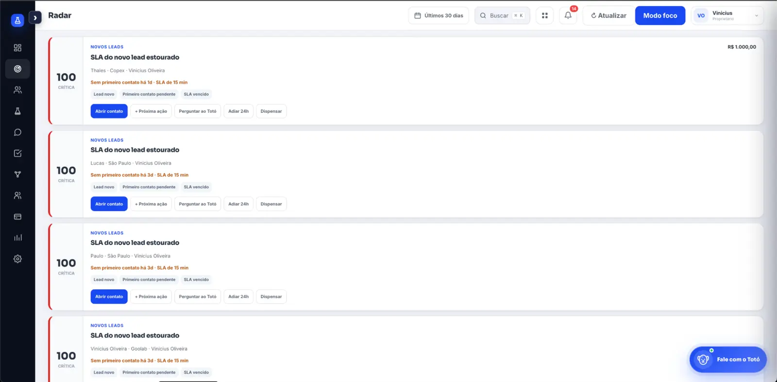 Radar real do Goolab CRM exibindo prioridades e riscos comerciais