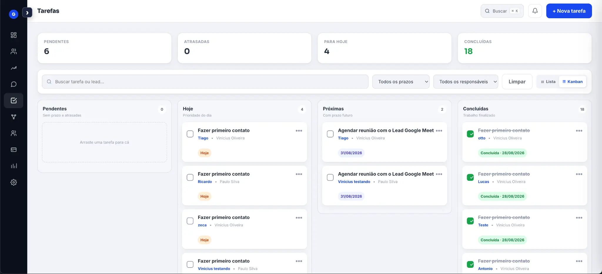 Gestão de tarefas em Kanban no Goolab CRM