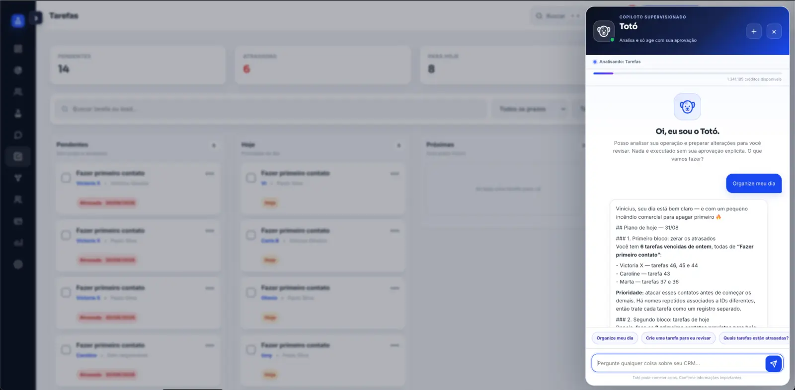 Interface real do Totó preparando ações supervisionadas no Goolab CRM